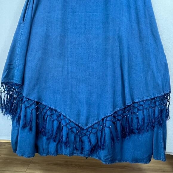 Sakkas Maxi Dress Size S/M Blue Stonewash Fringed Boho India Festival Pockets - Picture 2 of 14